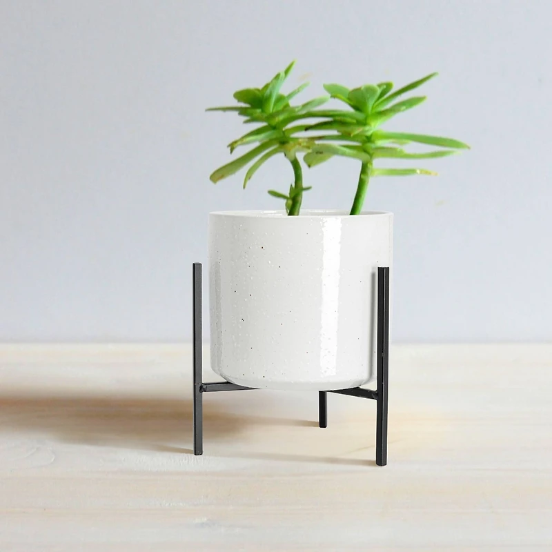Hello Honey® 8" White Stoneware Flower Pot with Black Metal Stand