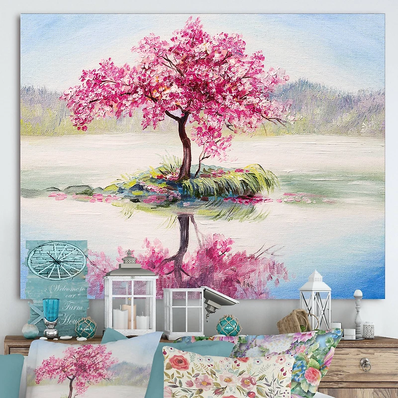 Designart - Japanese Cherry Blossom Tree On Little Idyllic IsLand