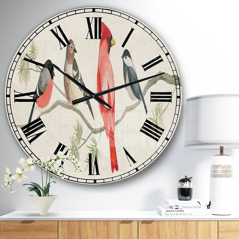 Designart 'Chickadee And Red Farmhouse Bird On Branch Farmhouse Wall Clock