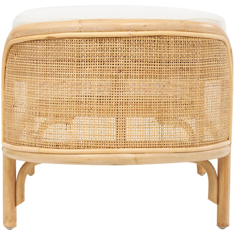 49" Brown Rattan Handmade Oval Bench with White Fabric Cushion