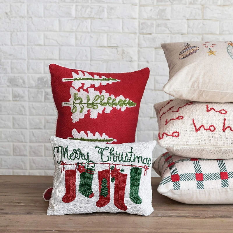 Hello Honey® 14" x 10" Merry Christmas Cotton Beaded Lumbar Pillow with Stockings & Velvet Back