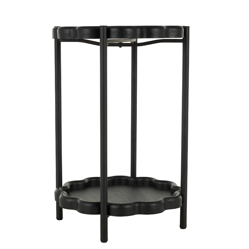 23.75" Black Wood Floral Inspired 2-Level Side End Accent Table with Metal Legs