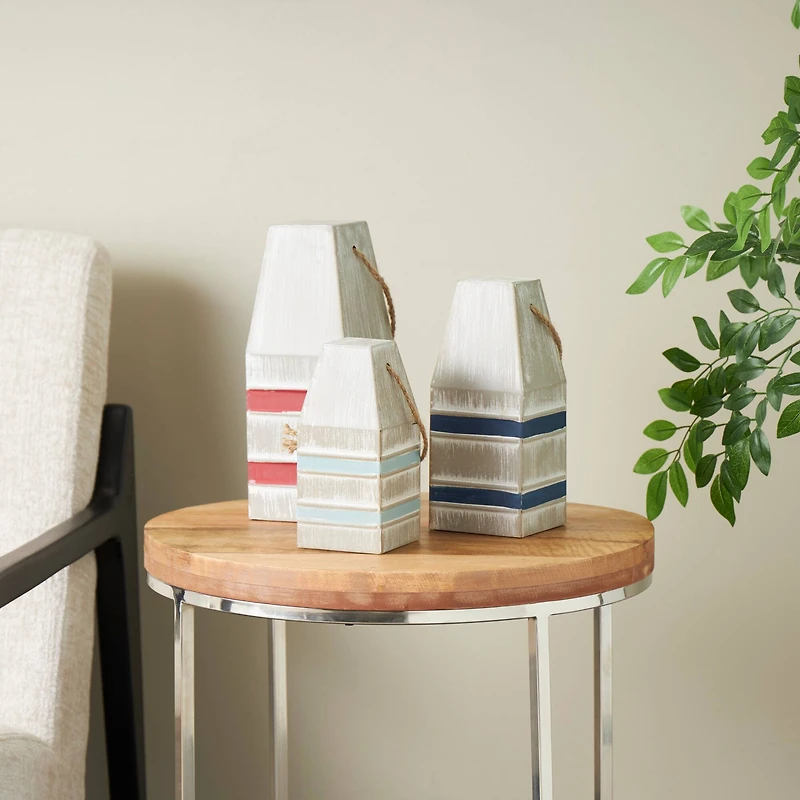 White Metal Striped Buoy Sculpture with Rope Handles Set