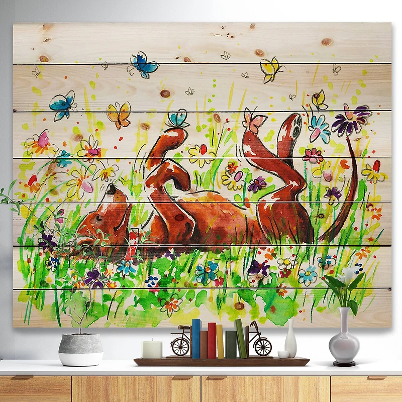 Designart - Happy Brown dog with Flowers and Butterfly - Animals Painting Print on Natural Pine Wood