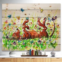Designart - Happy Brown dog with Flowers and Butterfly - Animals Painting Print on Natural Pine Wood