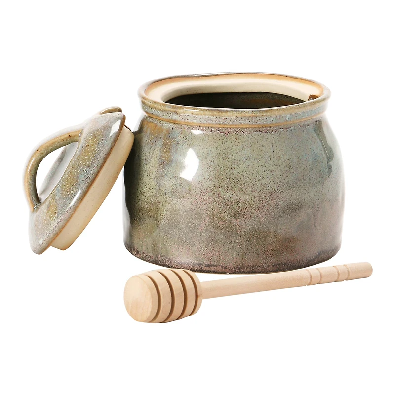 Hello Honey® Green & Blue Glaze Stoneware Honey Jar with Wood Honey Dipper