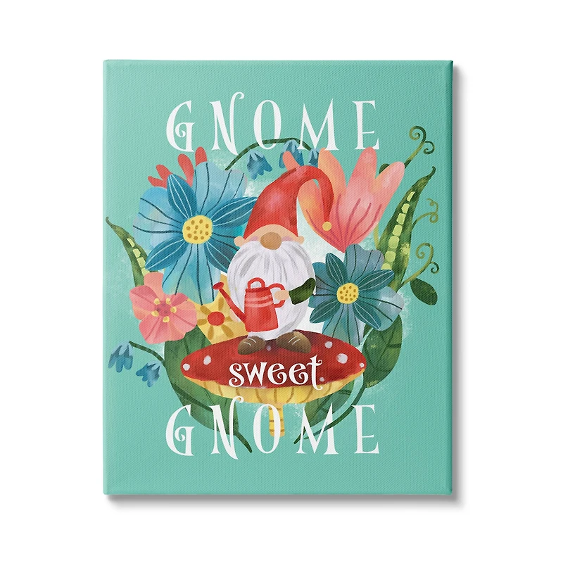 Stupell Industries Gnome Sweet Gnome Phrase Spring Floral Mushroom Garden Canvas Wall Art