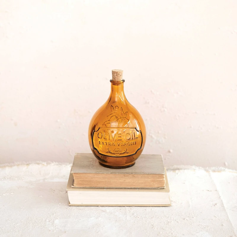 Hello Honey® 7" Amber Olive Oil Embossed Reclaimed Glass Bottle with Cork
