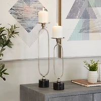 Silver Aluminum Modern Candle Holder Set, 15'' & 19''