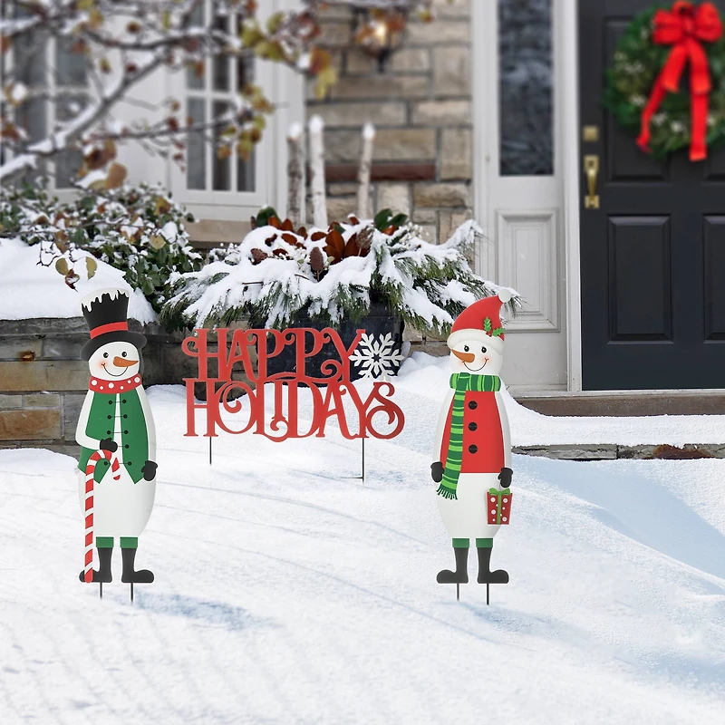 Glitzhome® Metal Snowmen & Happy Holidays Yard Stake Set
