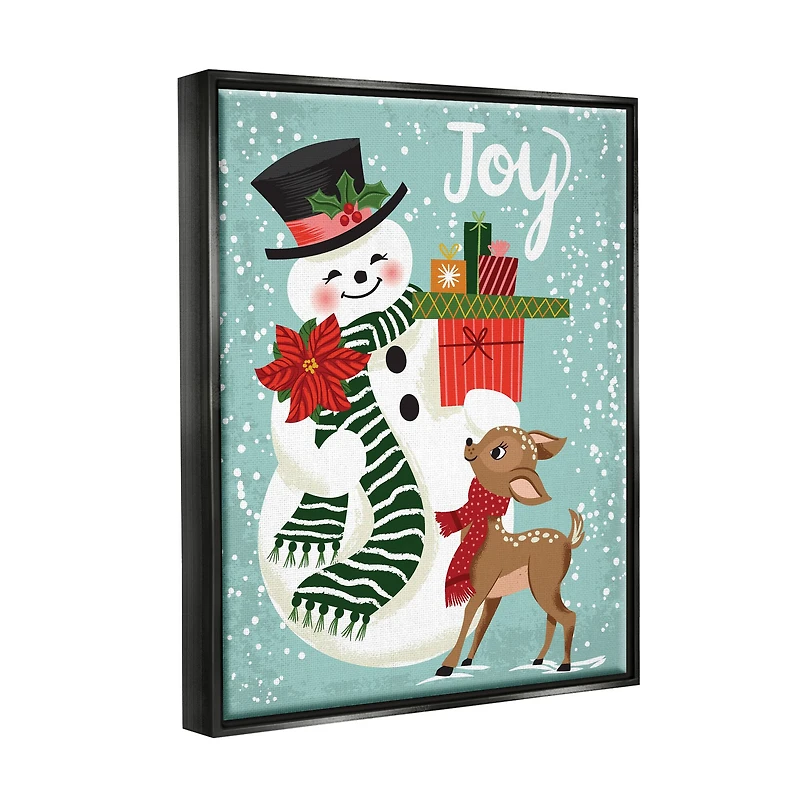 Stupell Industries Joy Smiling Snowman Holiday Deer Framed Floater Canvas Wall Art