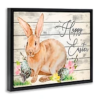 Stupell Industries Spring Floral Happy Easter Bunny Floater Framed Art