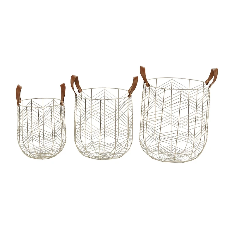 CosmoLiving by Cosmopolitan Silver Metal Storage Basket with Faux Leather Handles Set of 3 16", 14", 12"