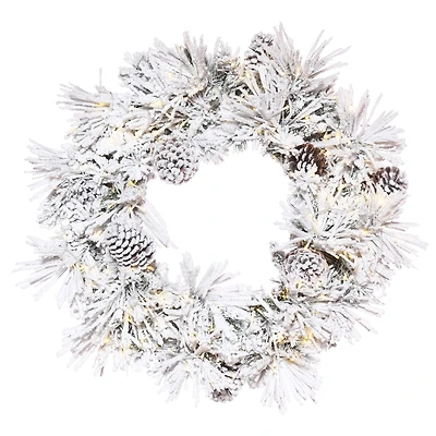 24" Pre-Lit Flocked Atka Christmas Wreath, Warm White LED Lights