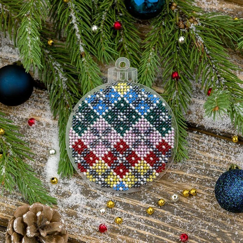 Wonderland Crafts Fair Isle Plaid Ball Ornament Bead Embroidery on Plastic Kit