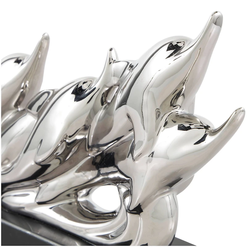 15.5" Silver Ceramic Dolphin Sculpture with Black Block Base