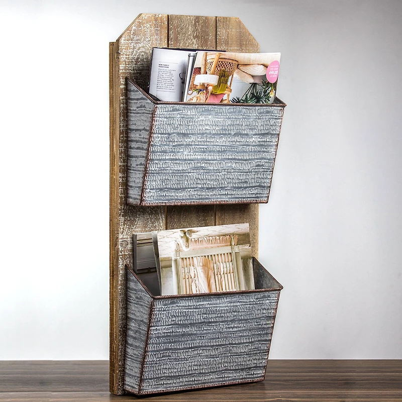Galvanized Metal & Wood Mail & Magazine Wall Organizer