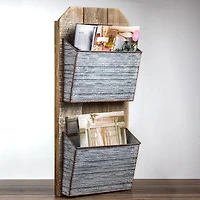 Galvanized Metal & Wood Mail & Magazine Wall Organizer