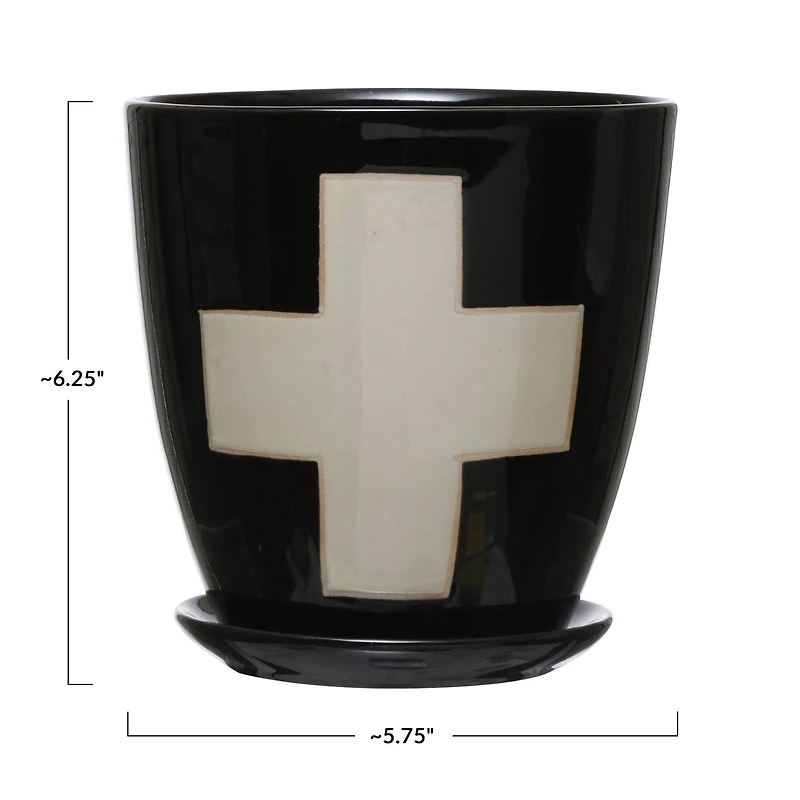 Hello Honey® 6" Black Stoneware Planter with Saucer & Wax Relief White Swiss Cross Set