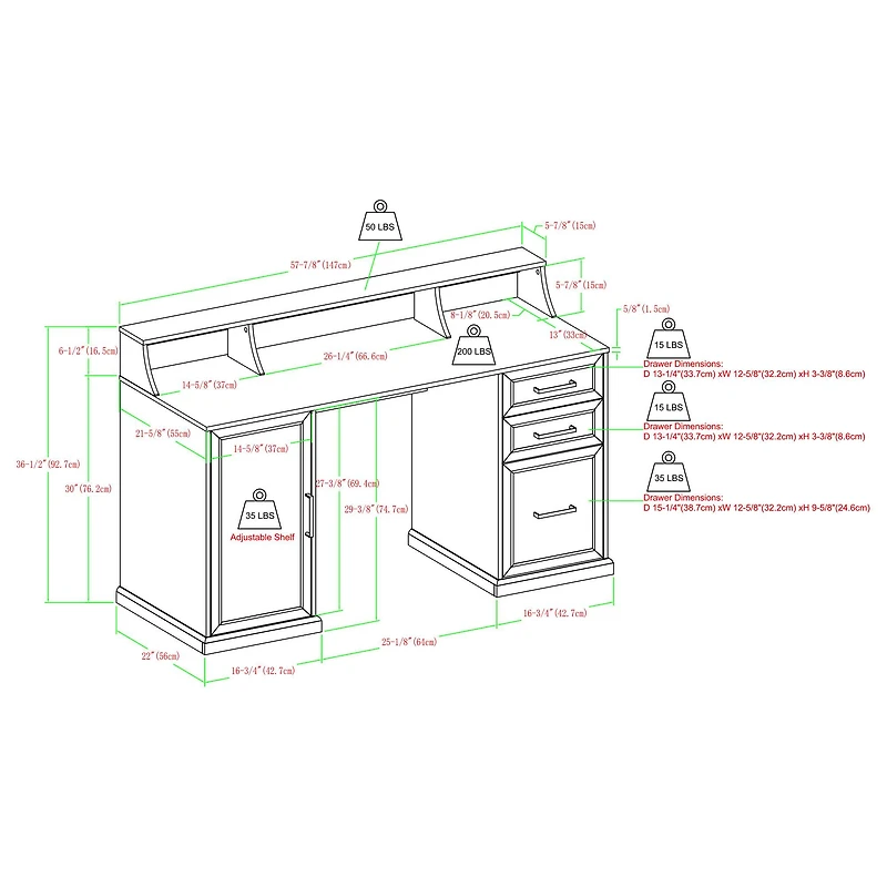 Walker Edison 58" Dark Walnut 3 Drawer Computer Desk with Hutch