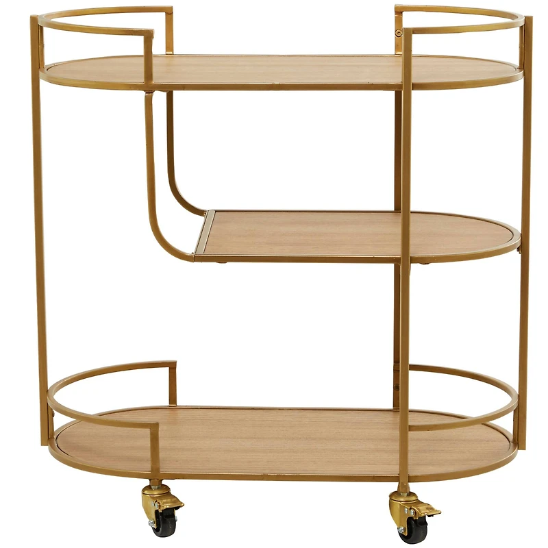 Gold Wood Rolling 3 Shelves Bar Cart with Handles 30" x 15" x 30"
