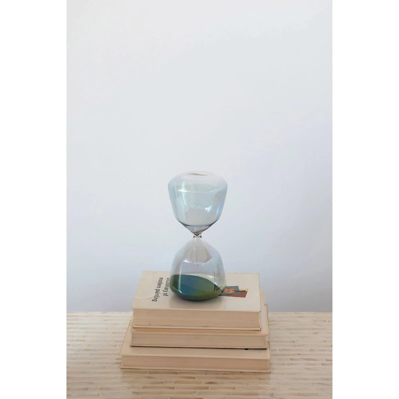 Hello Honey® 8.5" Iridescent Finish Glass Hourglass with Black Sand