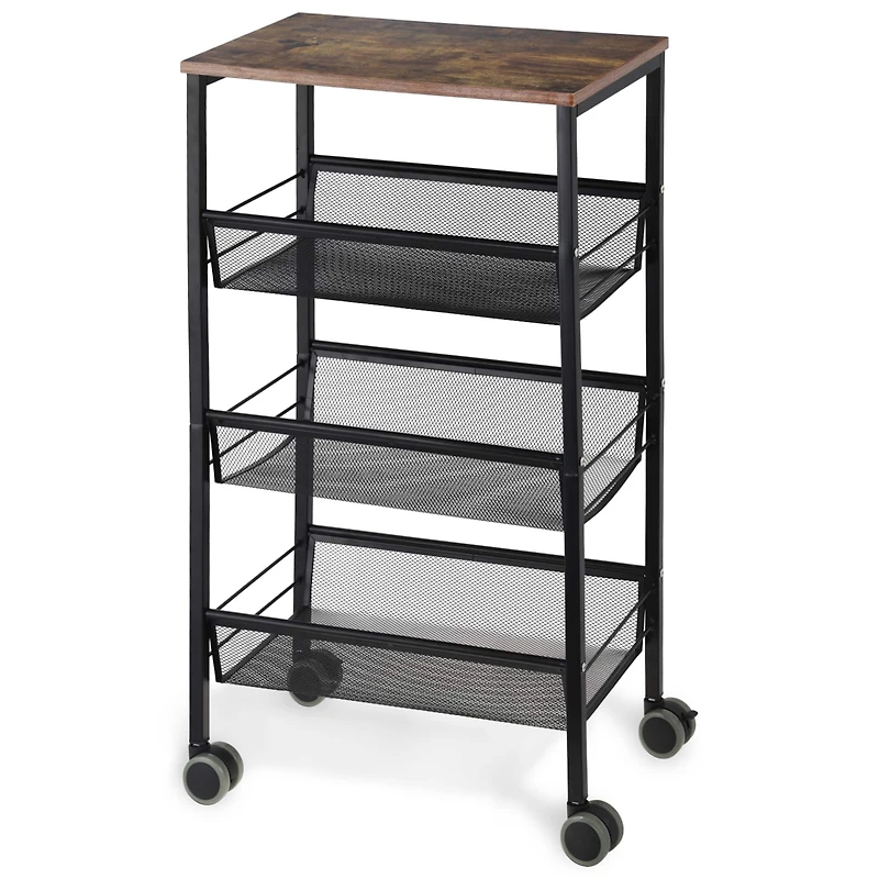 Black Rustic 3-Tier Metal Wire Storage Kitchen Cart on Wheels