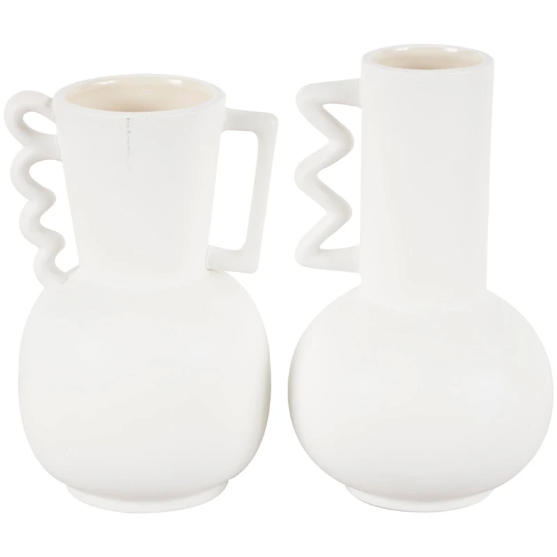 White Ceramic Vase Set with Wavy Handles