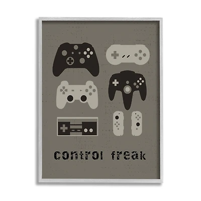 Stupell Industries Control Freak Distressed Pattern Black Grey Controllers in Black Frame Wall Art