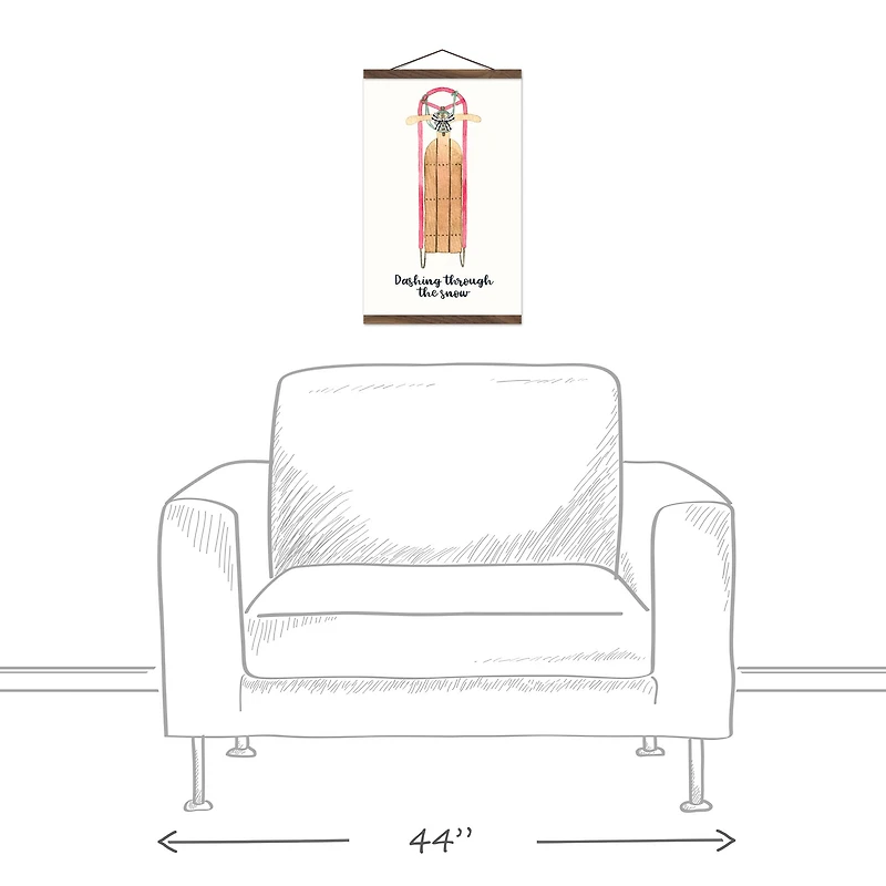 Dashing Snow Sled 12x18 Teak Hanging Canvas