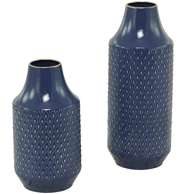 Blue Metal Diamond Embossed Exterior Vase Set of 2 16", 12"