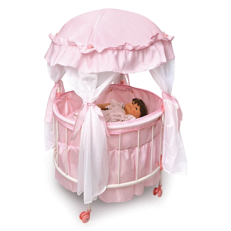 Badger Basket Pink & White Royal Pavilion Round Doll Crib with Canopy & Bedding
