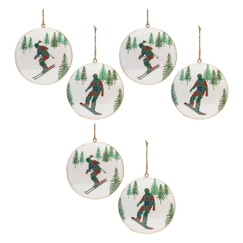 6" Ski & Snowboard Forest Metal Disc Ornaments Set