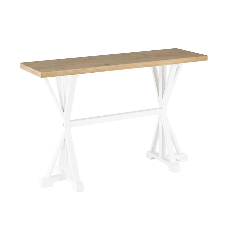 47" White Wood Living Room Console Table with Angled Legs & Brown Tabletop