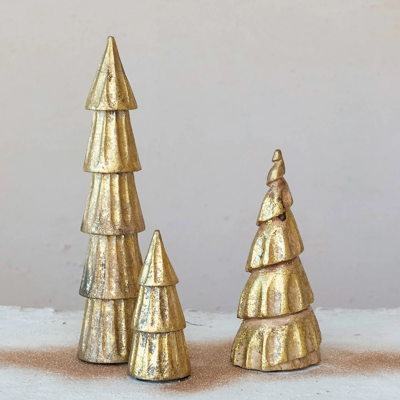 Hello Honey® 5.5" Compact Carved Mango Wood Tree with Rubbed Gold Foil Finish