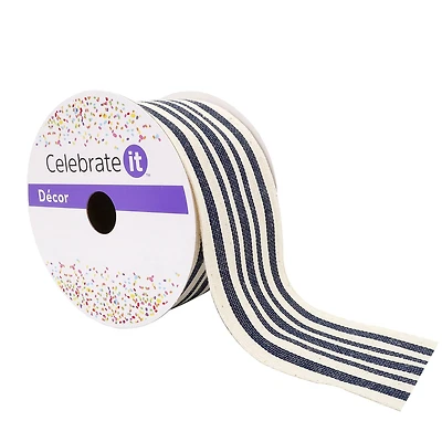 2.5" x 25ft. Faux Cotton Wired Striped Ribbon by Celebrate It™ Décor