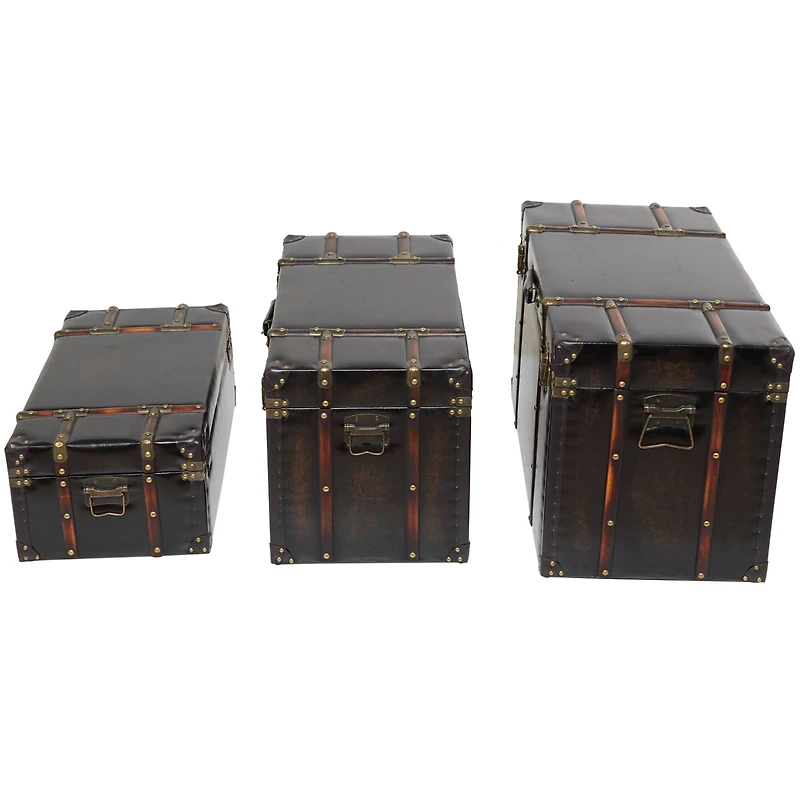 Dark Brown Faux Leather Studded Trunk with Latches & Handles Set