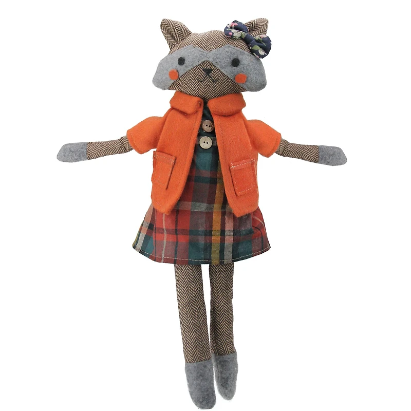 Sitting Herringbone Designed Fox Girl with Plaid Dress - 17" - Brown and Orange