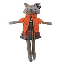 Sitting Herringbone Designed Fox Girl with Plaid Dress - 17" - Brown and Orange