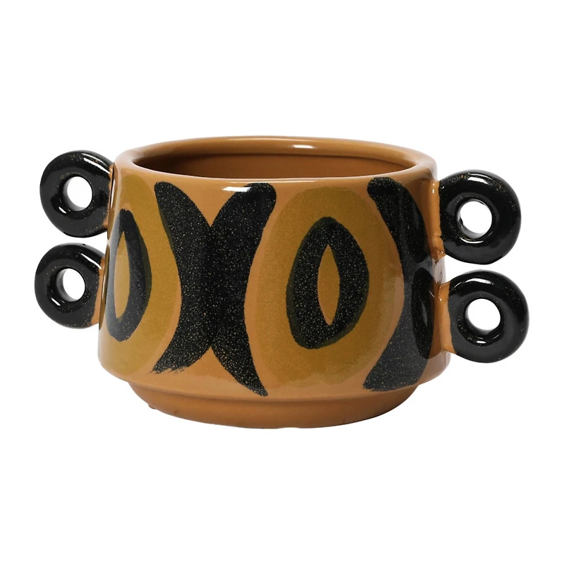 8" Brown and Black Hand Painted Stoneware Planter with Handles