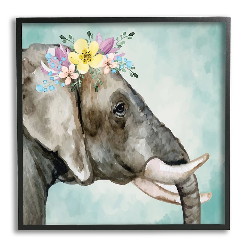 Stupell Industries Elephant Safari Animal Purple Yellow Boho Floral Crown Framed Wall Art
