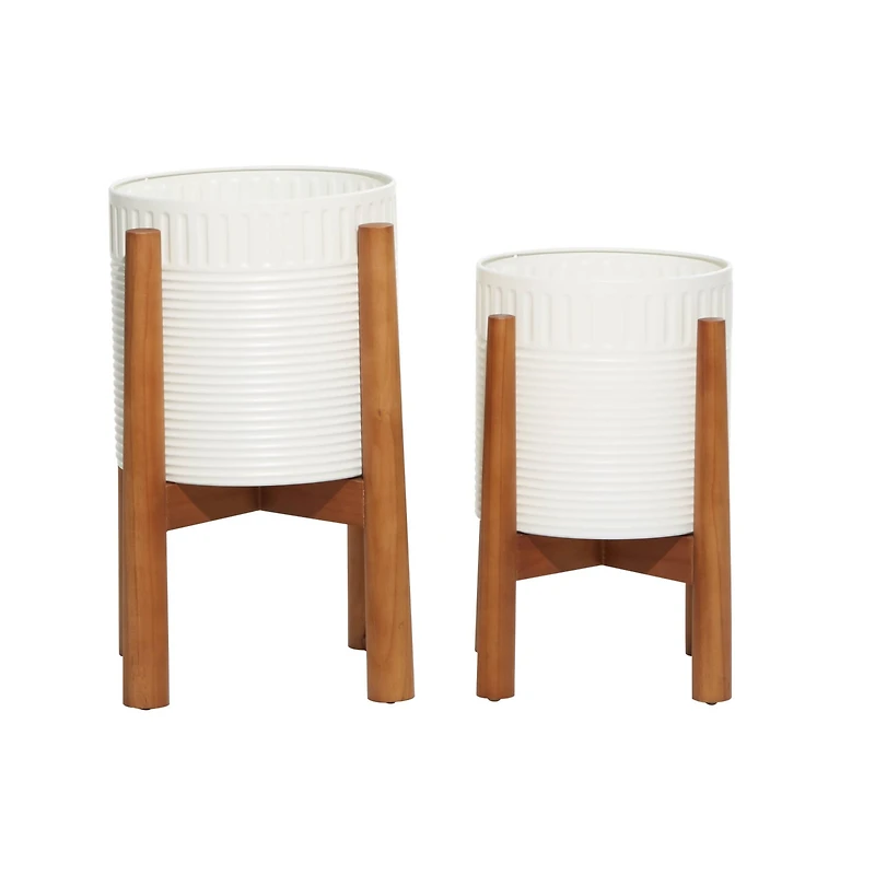 White Metal Planter with Natural Legs Set