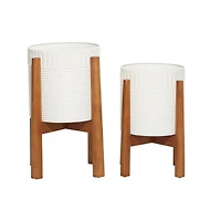 White Metal Planter with Natural Legs Set