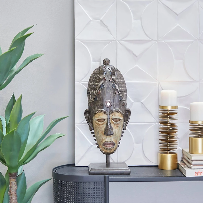 21" Brown Primitive African Mask Sculpture