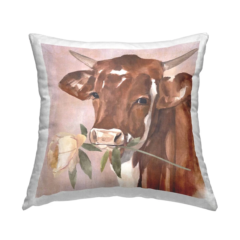 Stupell Industries Romantic Bull Cattle White Rose over Pink Throw Pillow 18" x 18"