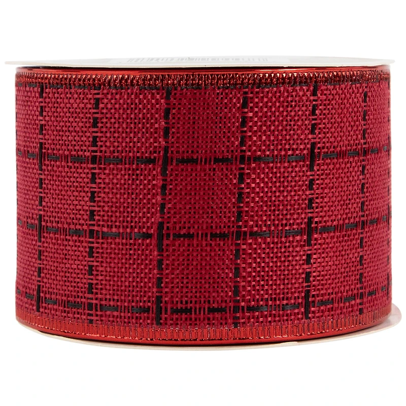 Red Woven Square Plaid Wired Craft Christmas Ribbon 2.5" x 10 Yards