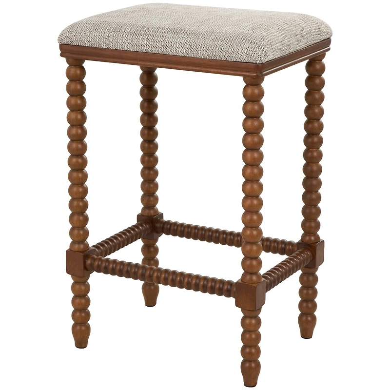 Brown Fabric Counter Stool with Wood Perle Legs & Beige Cushion