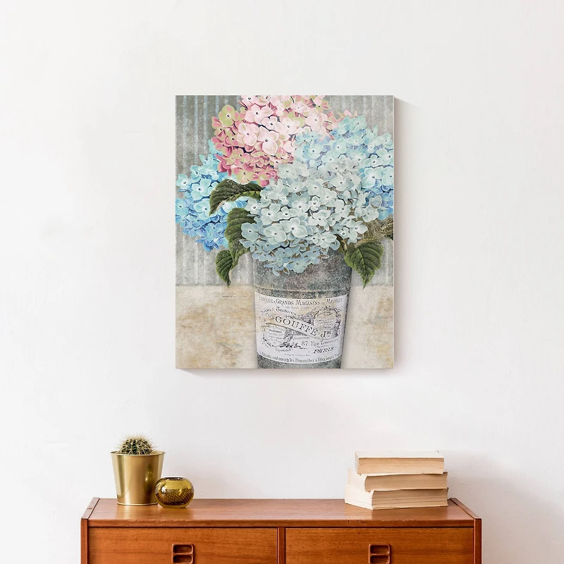 Hydrangeas In Bucket 16" x 20" Canvas Wall Art