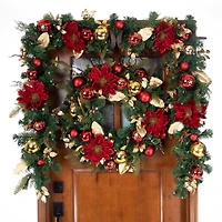 9 ft. Pre-Lit LED Golden Leaf Red Magnolia Artificial Christmas Garland