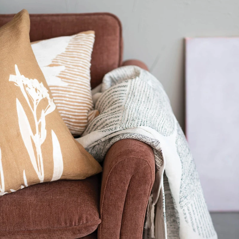 Hello Honey® Mustard & Cream Embroidery Bird Cotton Slub Lumbar Pillow